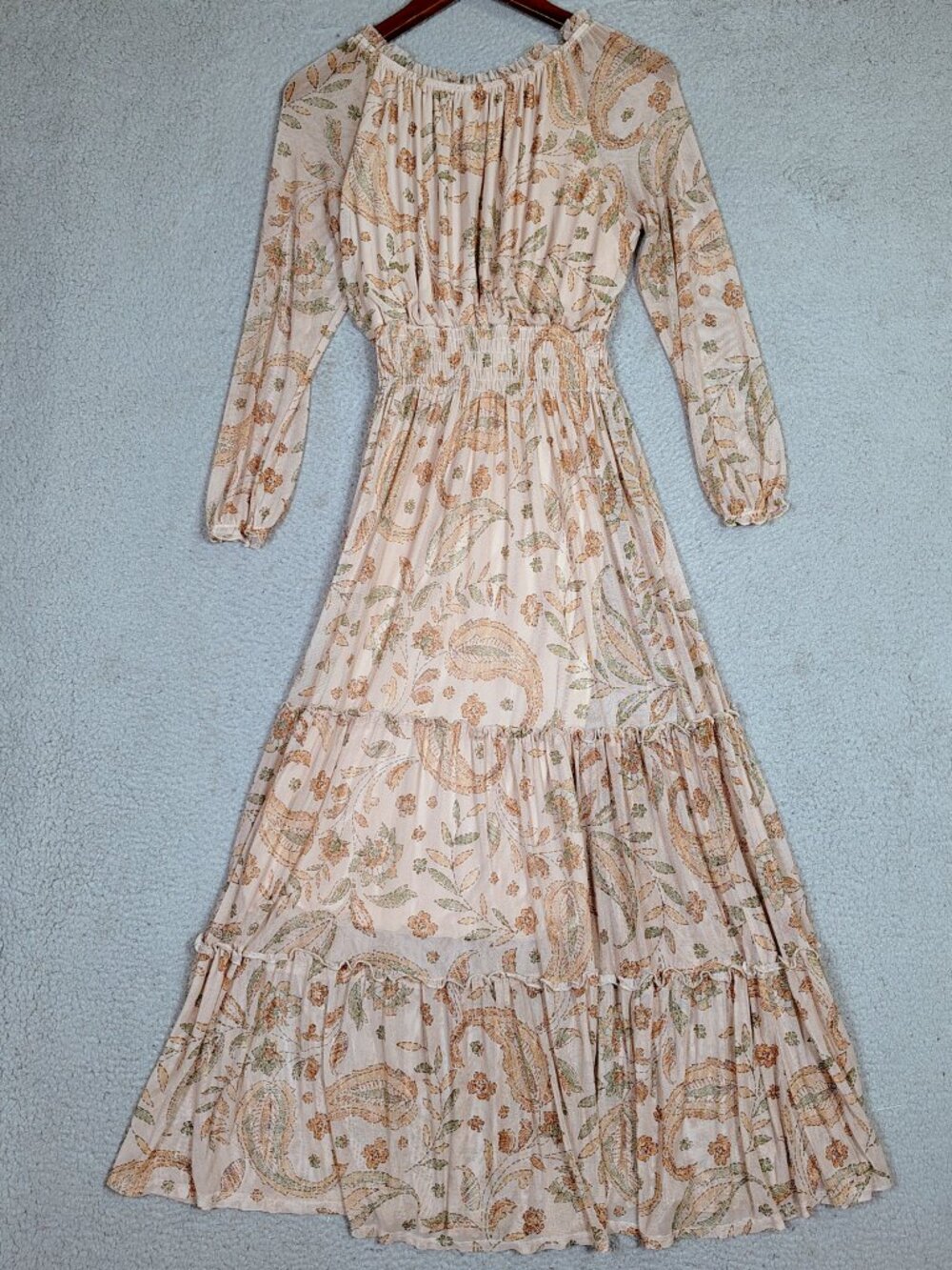 Kate And Lily Maxi Dress Women 4 Petite Beige Paisley Mesh Tiered Ruffle Cottage - Picture 2 of 11